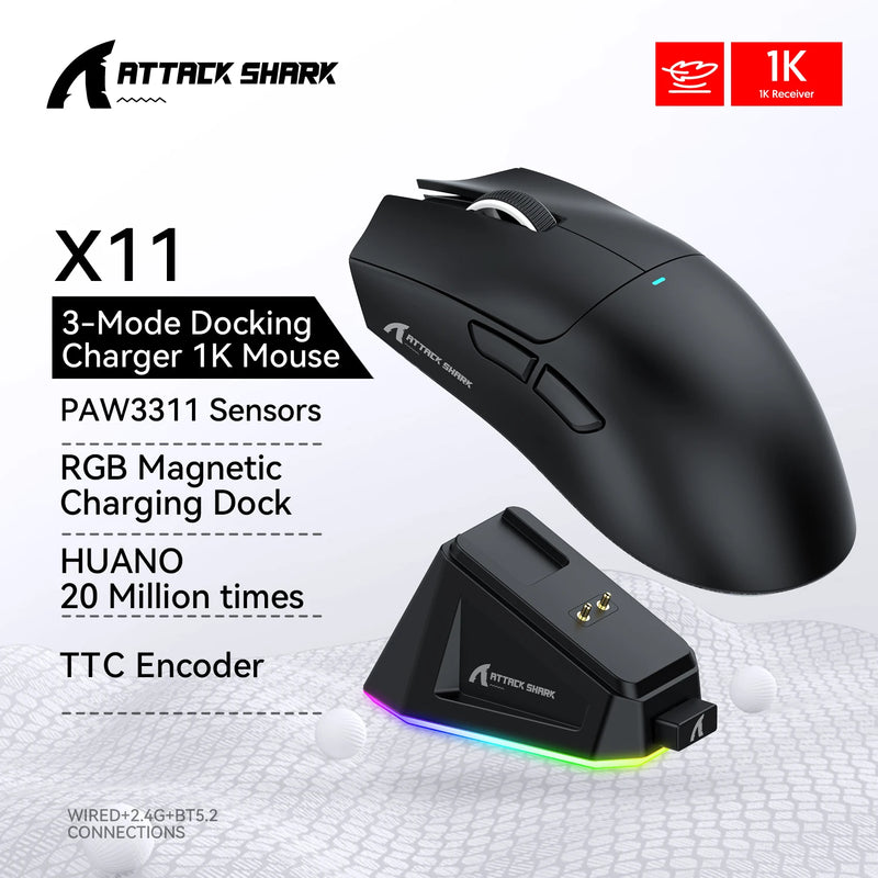 Mouse sem fio Attack Shark X11, conexão tripla modo 2,4 GHz/com fio/Bluetooth PAW3311 22000DPI 400IPS RGB Mouse para jogos para PC