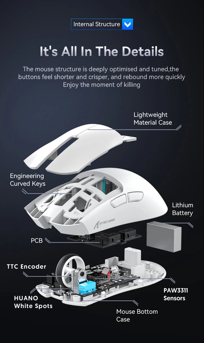 Mouse sem fio Attack Shark X11, conexão tripla modo 2,4 GHz/com fio/Bluetooth PAW3311 22000DPI 400IPS RGB Mouse para jogos para PC