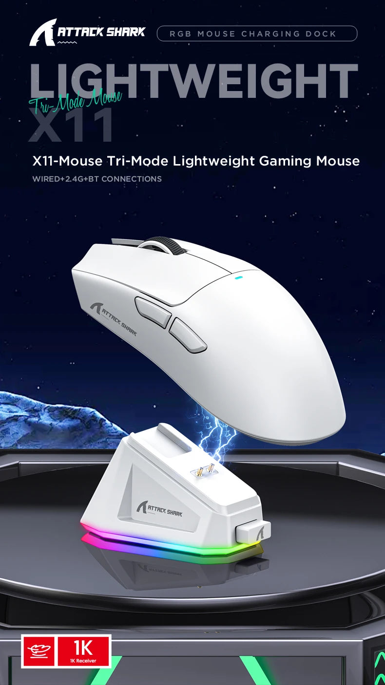 Mouse sem fio Attack Shark X11, conexão tripla modo 2,4 GHz/com fio/Bluetooth PAW3311 22000DPI 400IPS RGB Mouse para jogos para PC