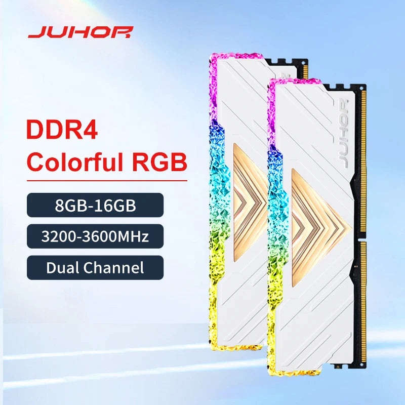 JUHOR-Impressionante Dual Channel Desktop Memory Ram Kit, RGB, DDR4, 8GB, 16GB, X2, 3200MHz, 3600MHz