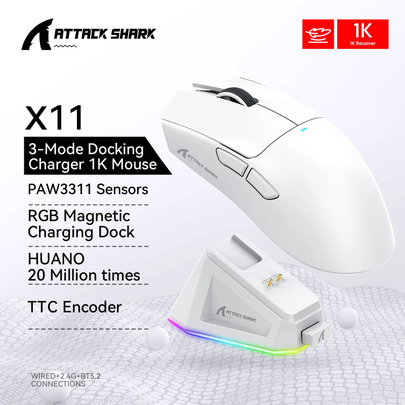 Mouse sem fio Attack Shark X11, conexão tripla modo 2,4 GHz/com fio/Bluetooth PAW3311 22000DPI 400IPS RGB Mouse para jogos para PC