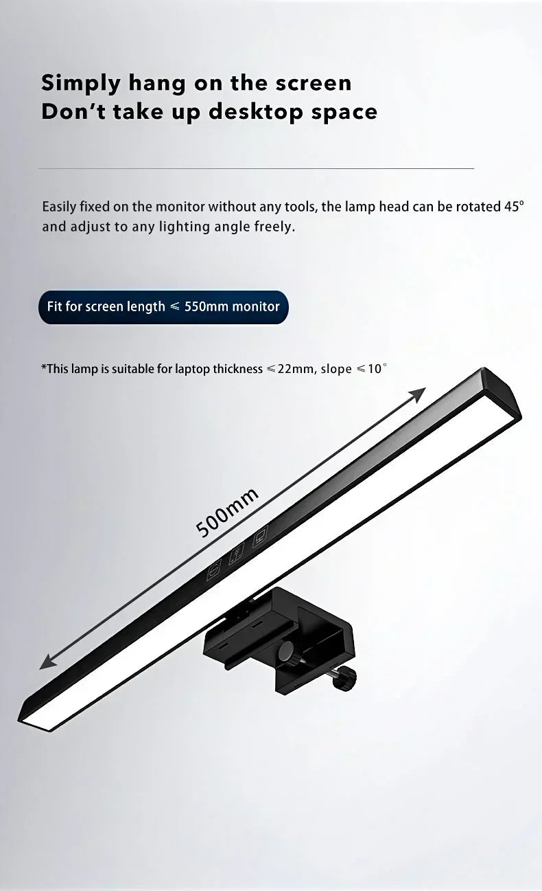 Dimmable LED Hanging Desk Lamp, Luz da tela do computador, USB Plug in, Monitor Bar Luzes, Estudo Office, Lâmpada de leitura, 3 cores, 33cm, 50cm