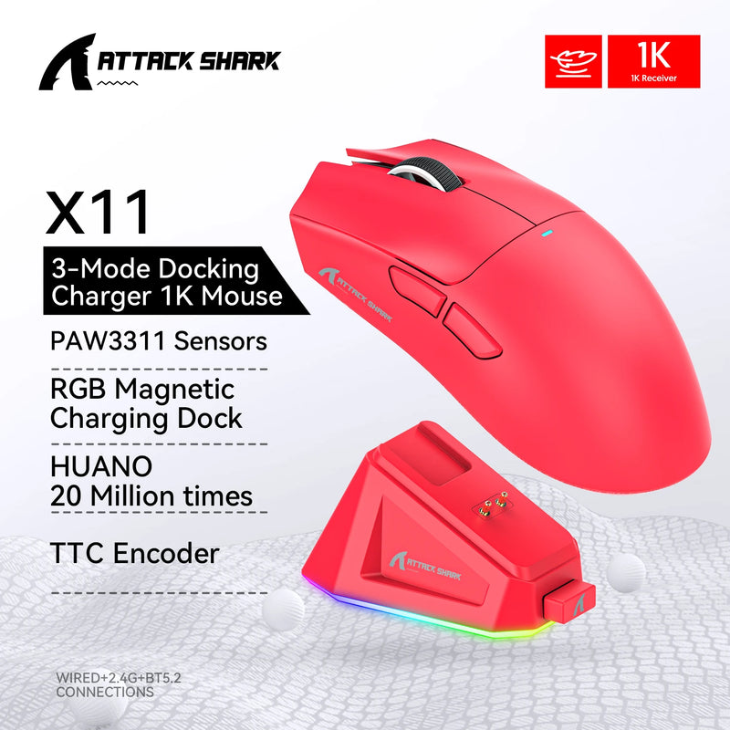 Mouse sem fio Attack Shark X11, conexão tripla modo 2,4 GHz/com fio/Bluetooth PAW3311 22000DPI 400IPS RGB Mouse para jogos para PC