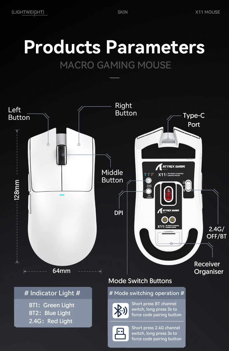 Mouse sem fio Attack Shark X11, conexão tripla modo 2,4 GHz/com fio/Bluetooth PAW3311 22000DPI 400IPS RGB Mouse para jogos para PC