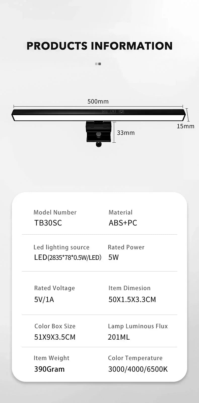 Dimmable LED Hanging Desk Lamp, Luz da tela do computador, USB Plug in, Monitor Bar Luzes, Estudo Office, Lâmpada de leitura, 3 cores, 33cm, 50cm